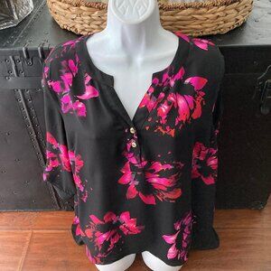 Catherine Magenta Black Floral V Neck Blouse Large
